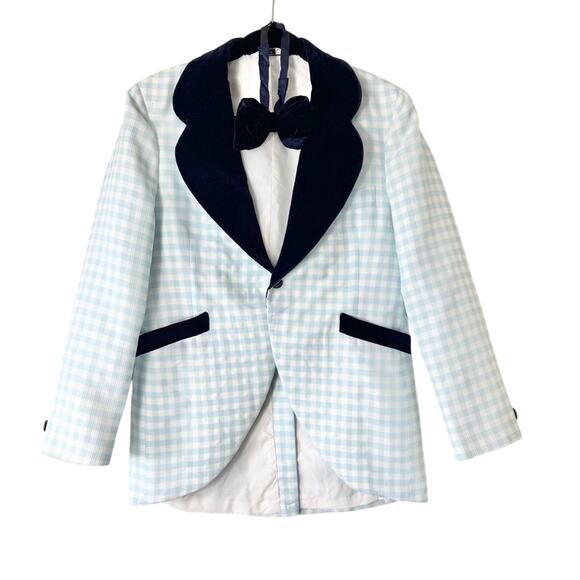 Vintage 60s Men's Blue Gingham Checkered Blazer with Bow Tie Size 38 Short - Picture 1 of 10